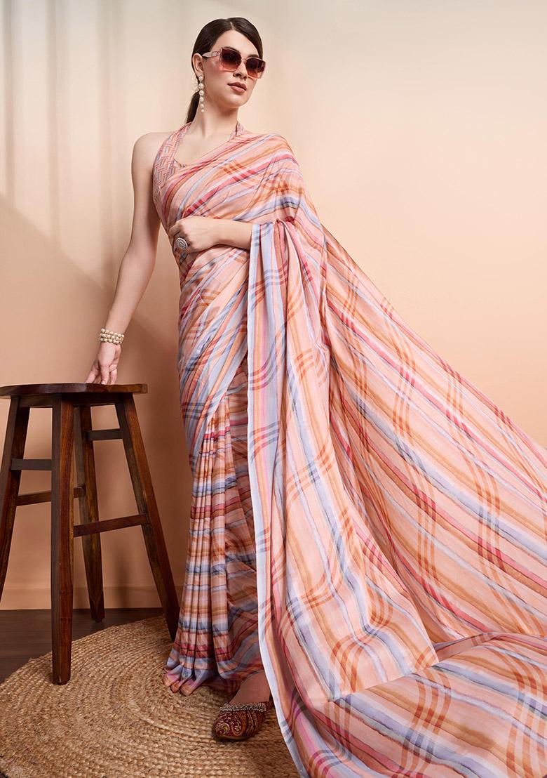 Peach Printed Georgette Saree Set