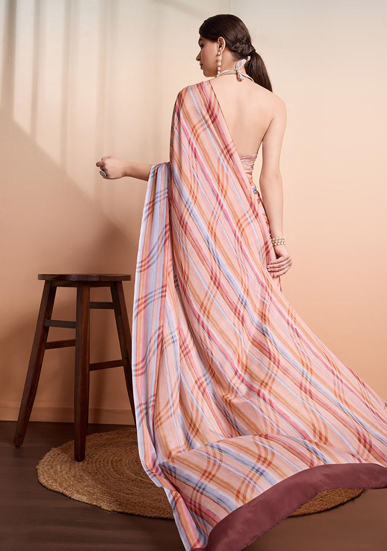Peach Printed Georgette Saree Set