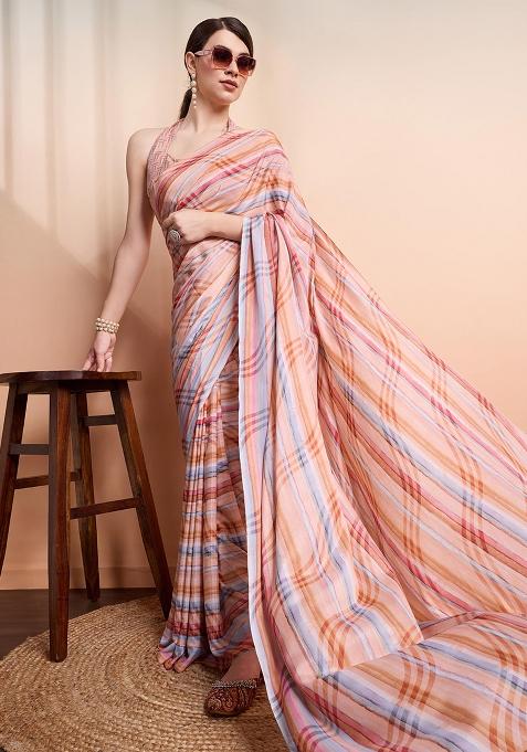 Peach Printed Georgette Saree Set