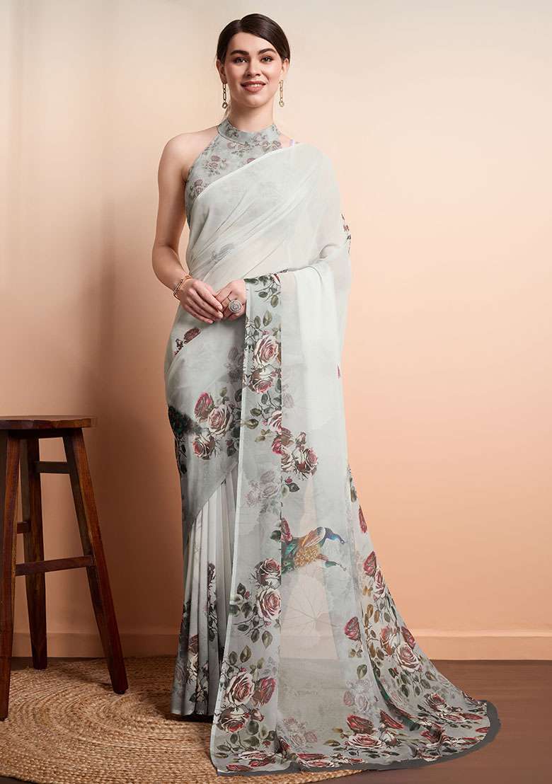 Grey Printed Georgette Saree Set - Indya