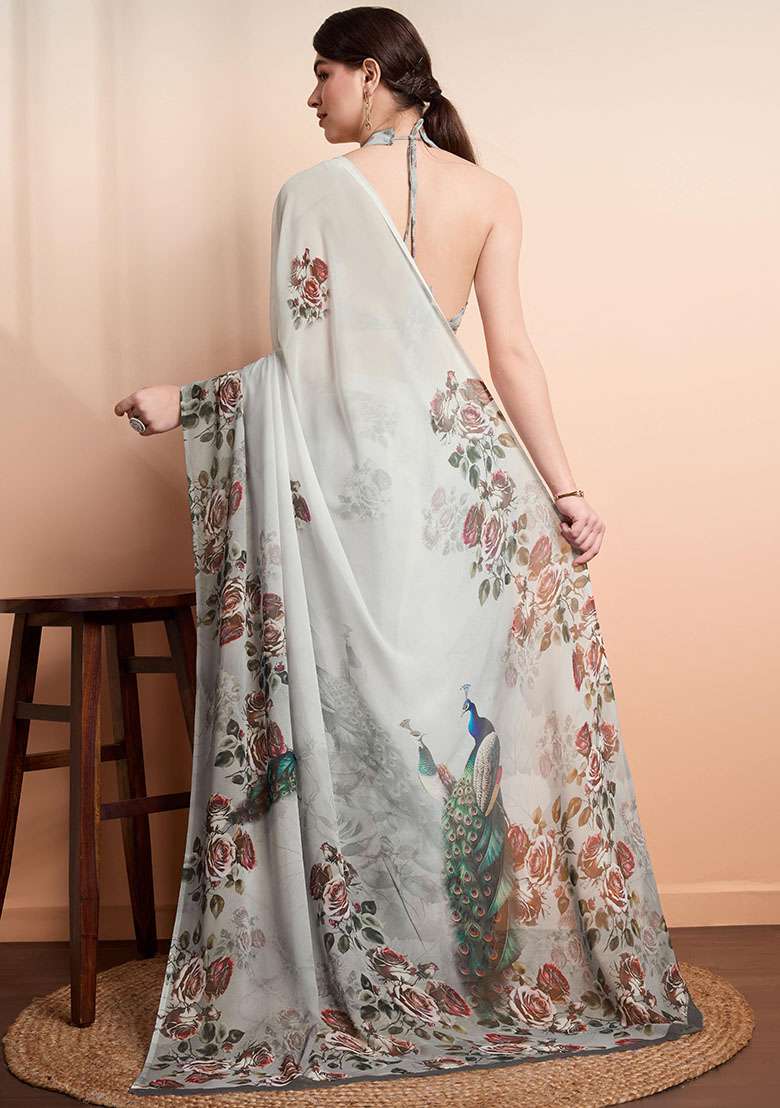 Grey Printed Georgette Saree Set - Indya