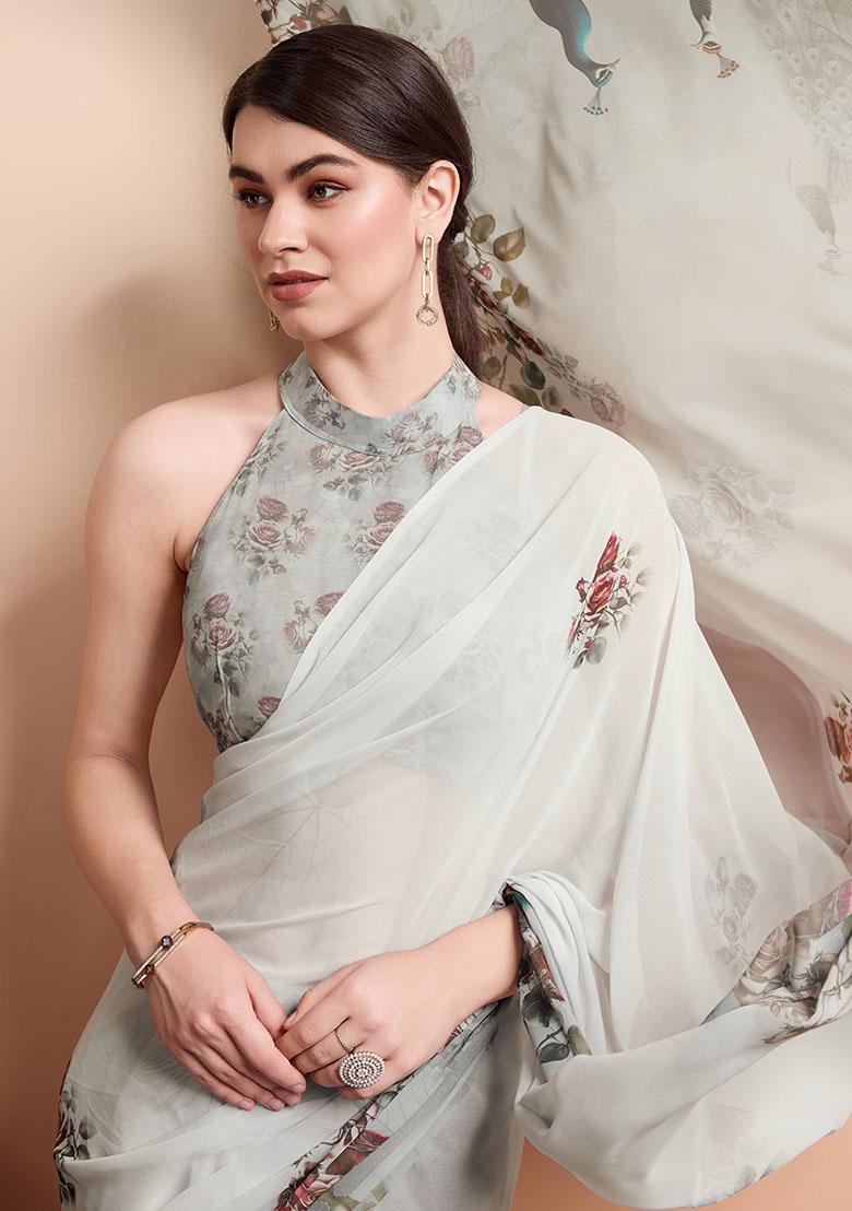 Grey Printed Georgette Saree Set