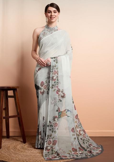 Grey Printed Georgette Saree Set