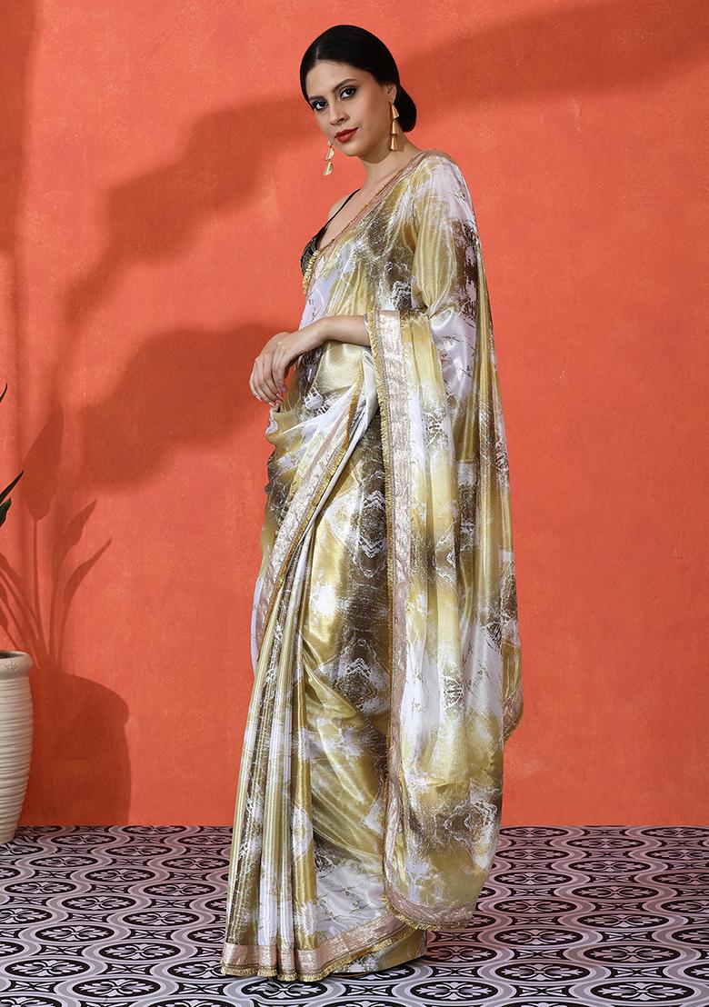 Gold Printed Chinon Saree Set