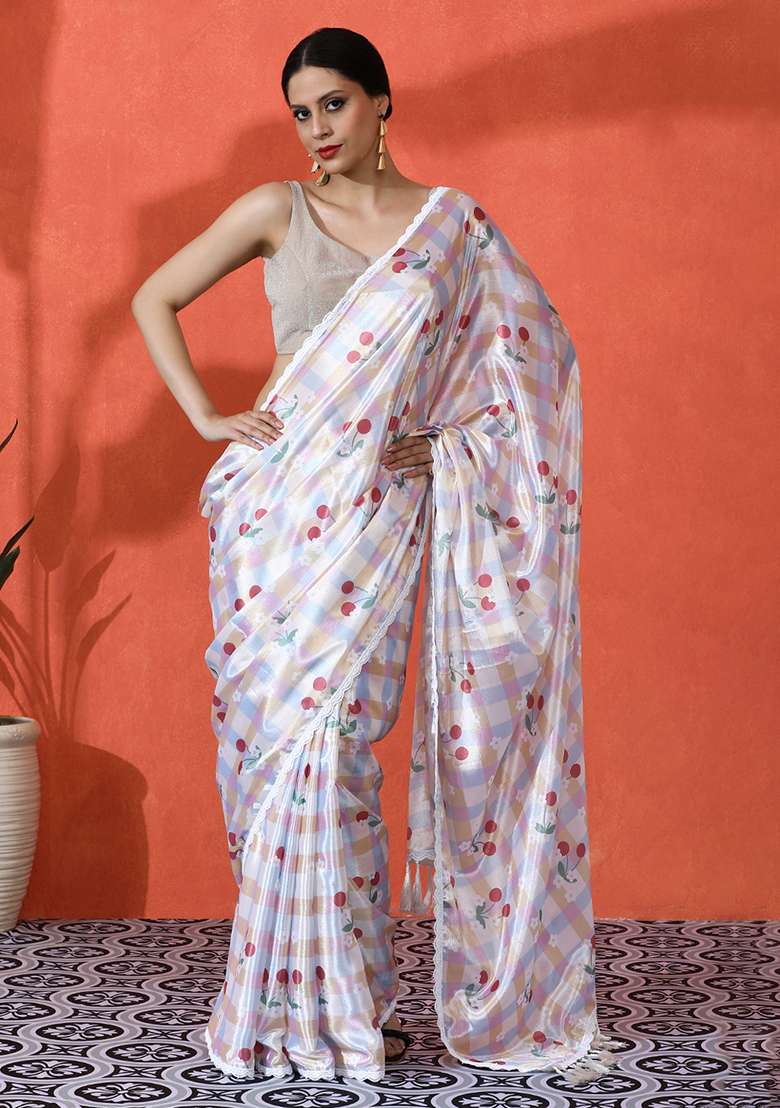 Off White Printed Chinon Saree Set - Indya