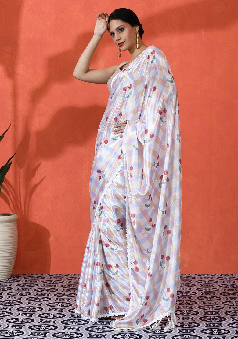 Off White Printed Chinon Saree Set