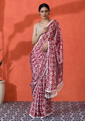 Maroon Printed Chinon Saree Set