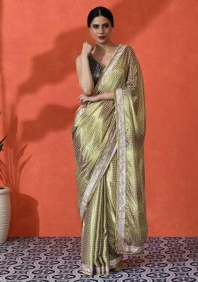 Pista Green Printed Chinon Saree Set