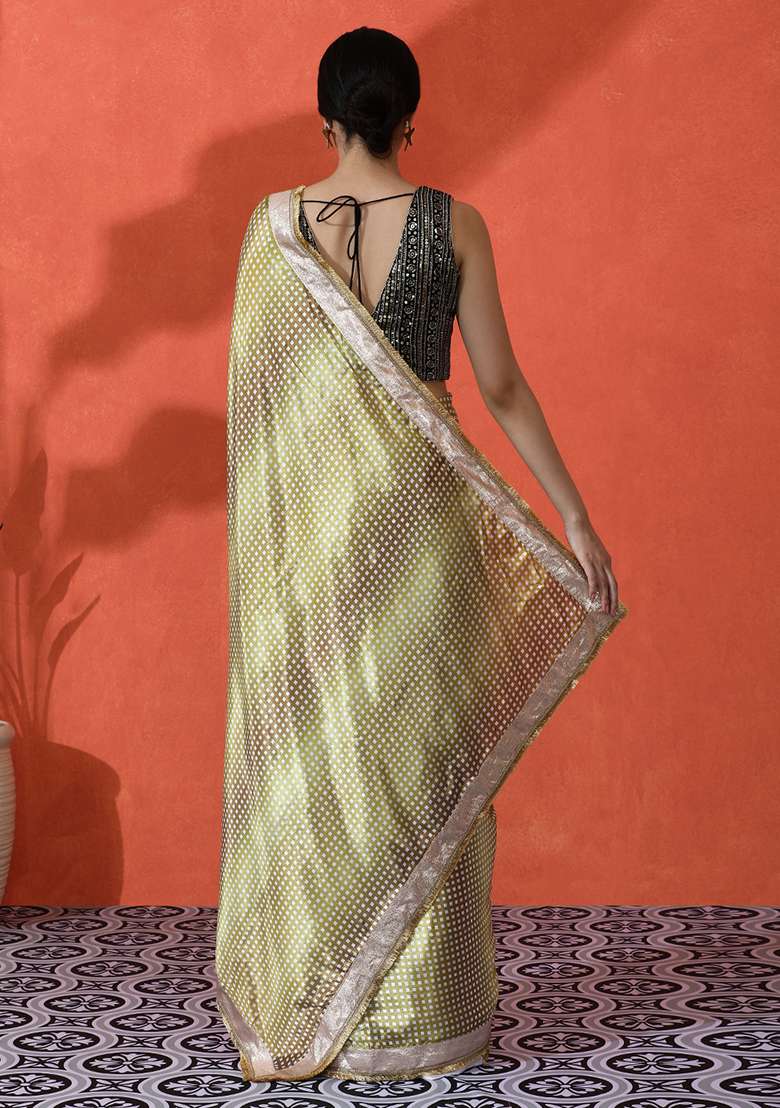 Pista Green Printed Chinon Saree Set - Indya