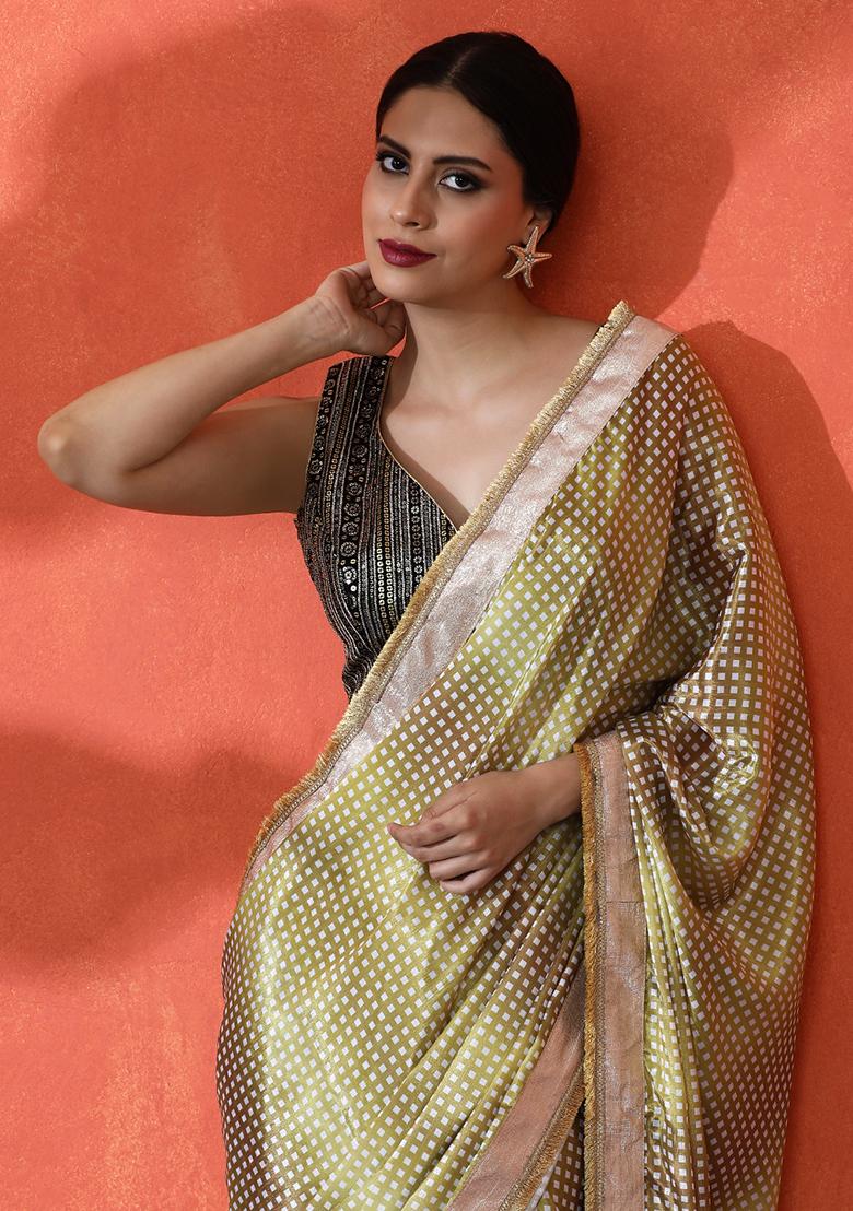 Pista Green Printed Chinon Saree Set