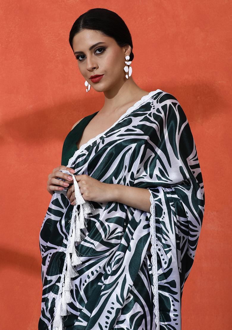 Green Printed Chinon Saree Set