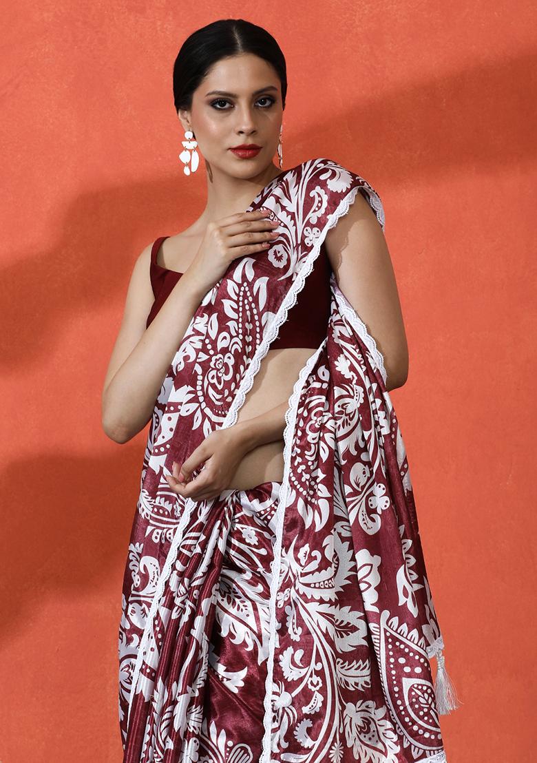 Wine Printed Chinon Saree Set
