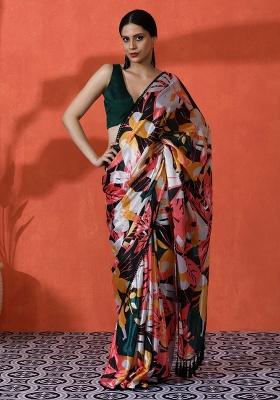 Multicolour Printed Chinon Saree Set