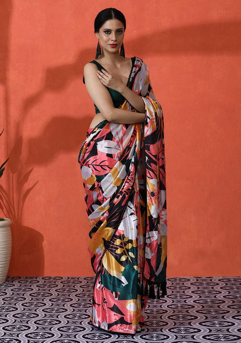 Multicolour Printed Chinon Saree Set