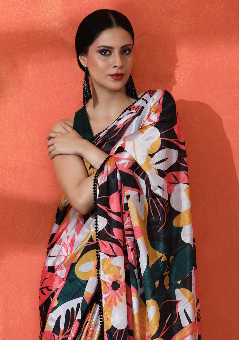 Multicolour Printed Chinon Saree Set