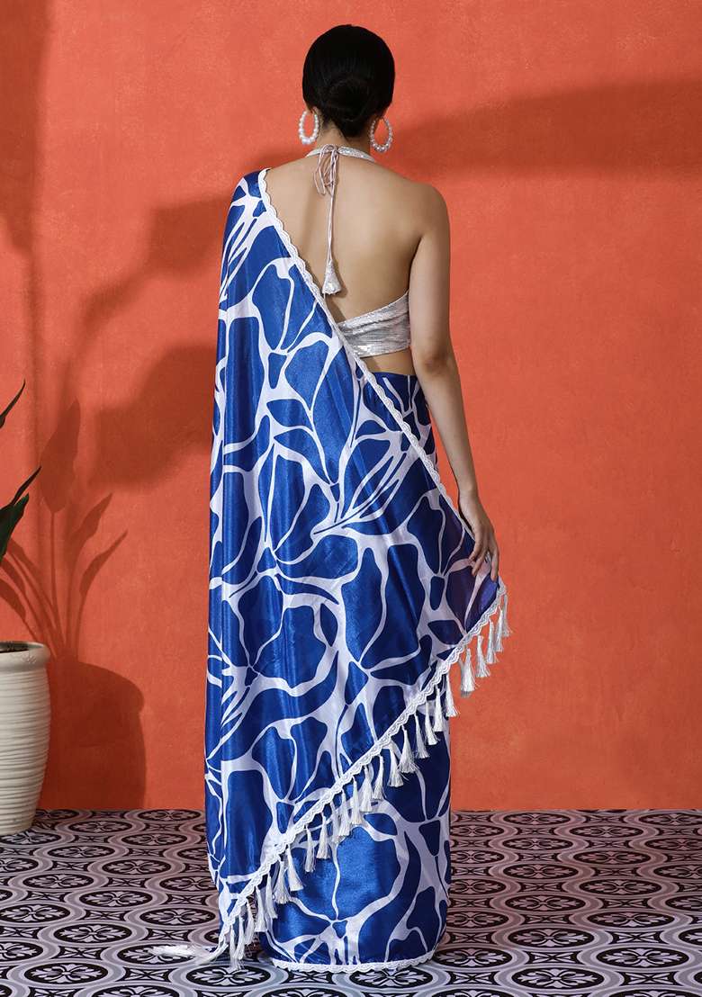 Blue Printed Chinon Saree Set - Indya