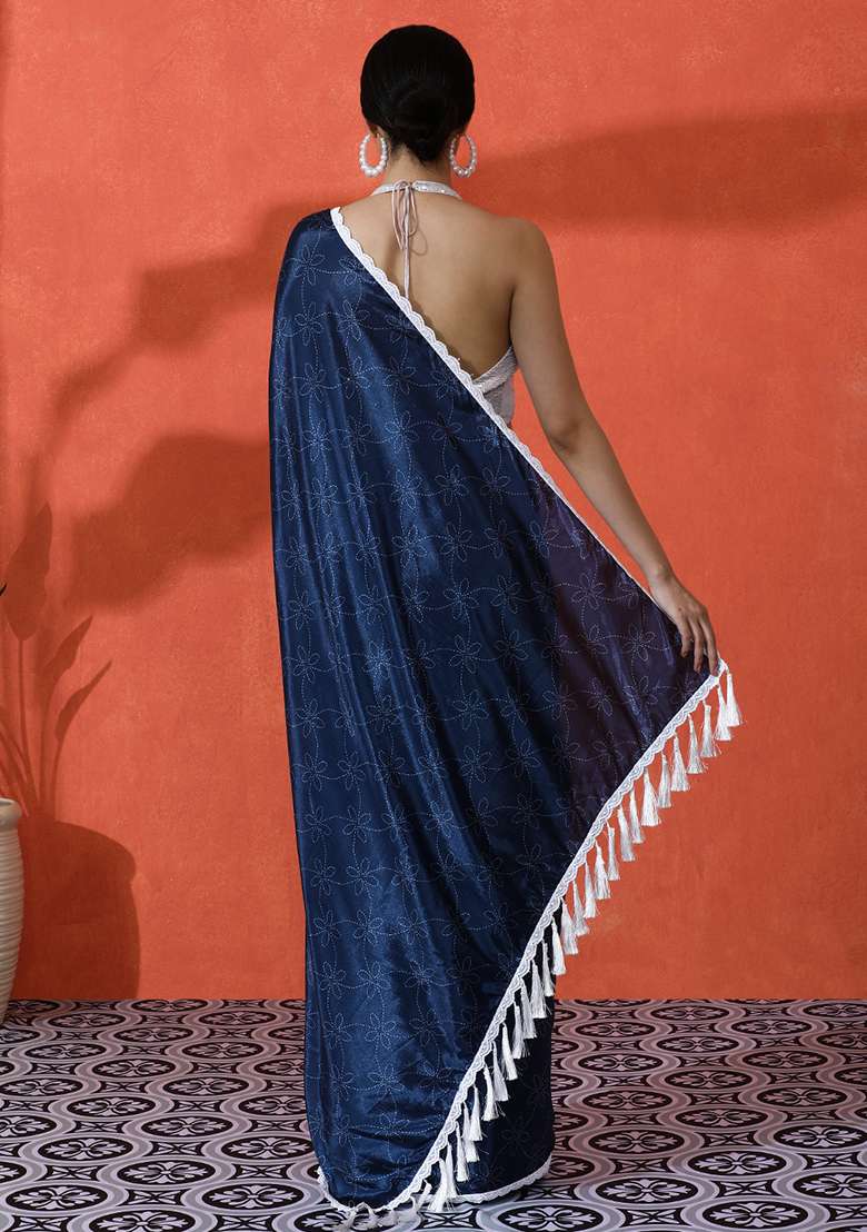 Blue Printed Chinon Saree Set - Indya