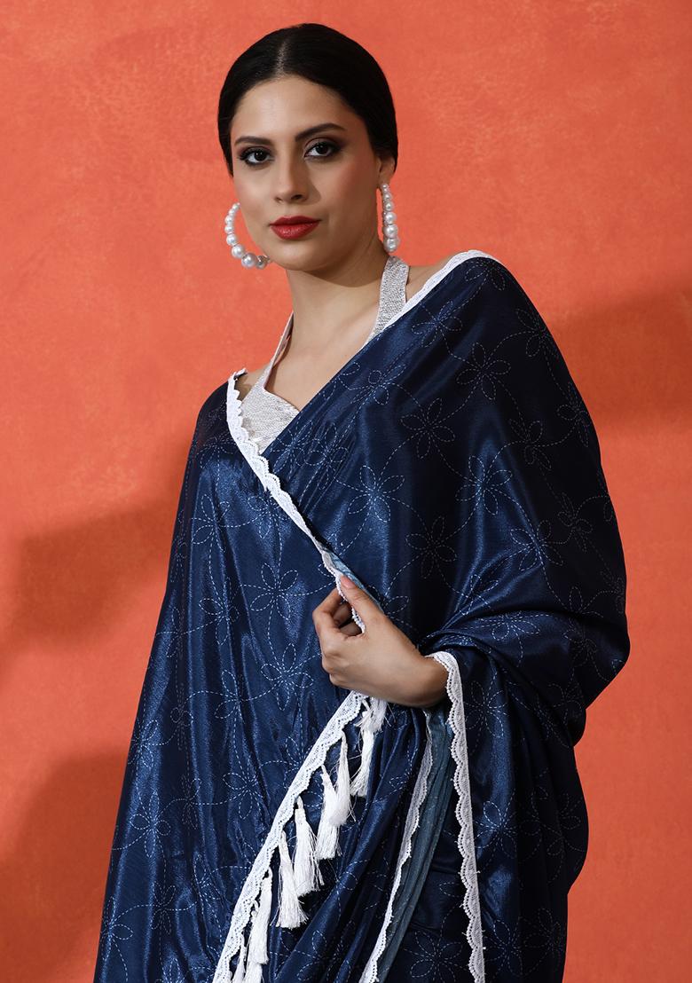 Blue Printed Chinon Saree Set