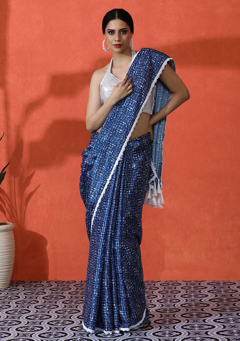 Blue Printed Chinon Saree Set - Indya