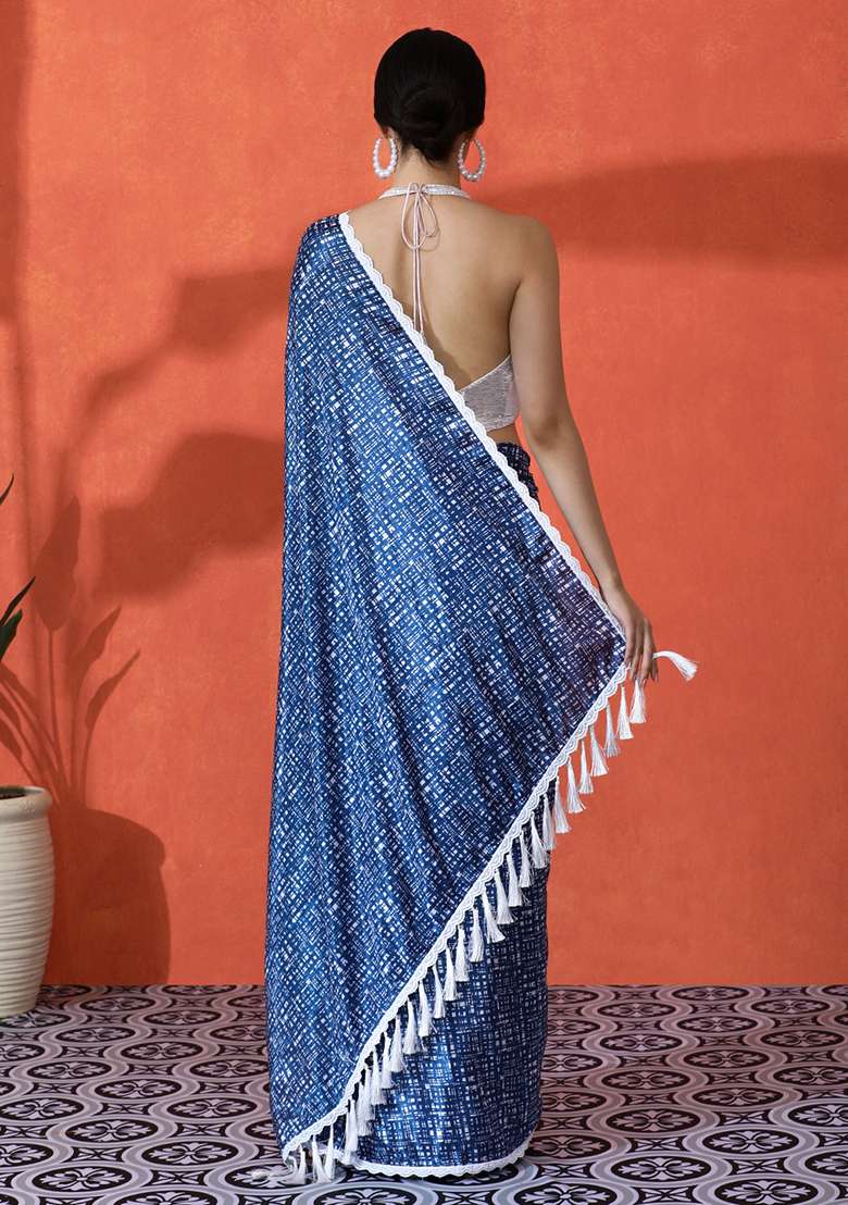 Blue Printed Chinon Saree Set - Indya