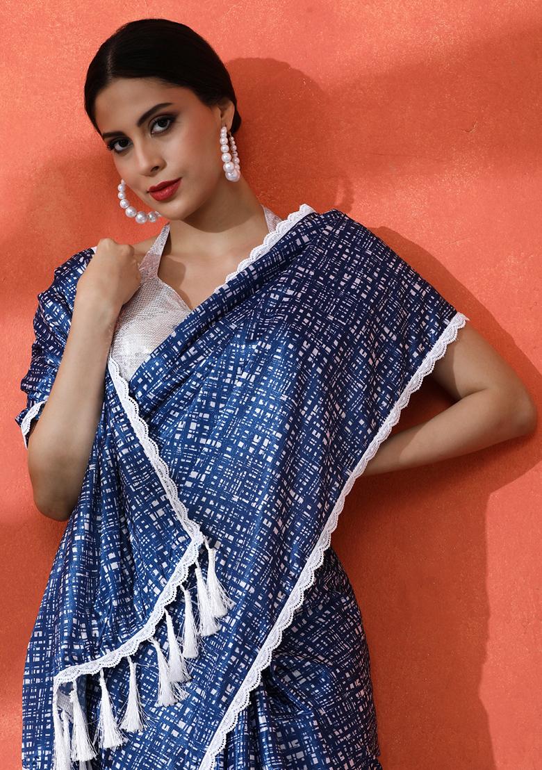 Blue Printed Chinon Saree Set