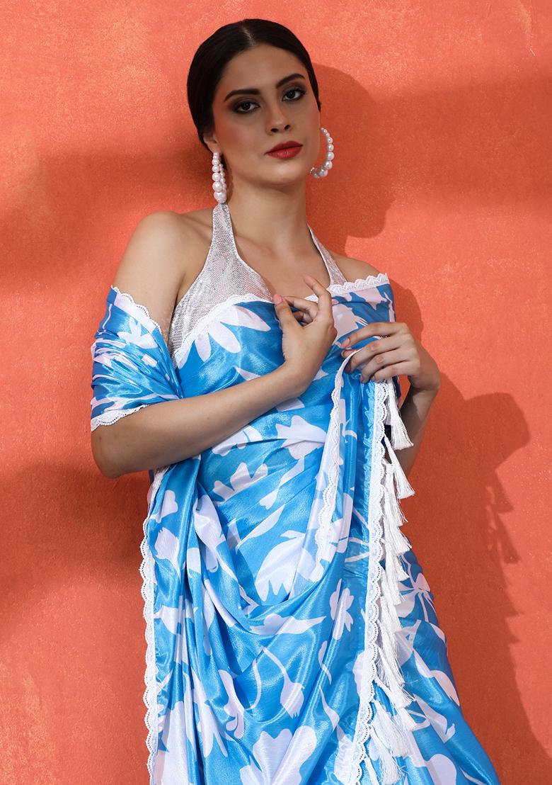 Firozi Blue Printed Chinon Saree Set