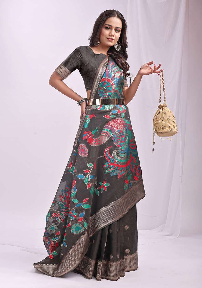 Grey Wevon Linen Cotton Saree Set - Indya