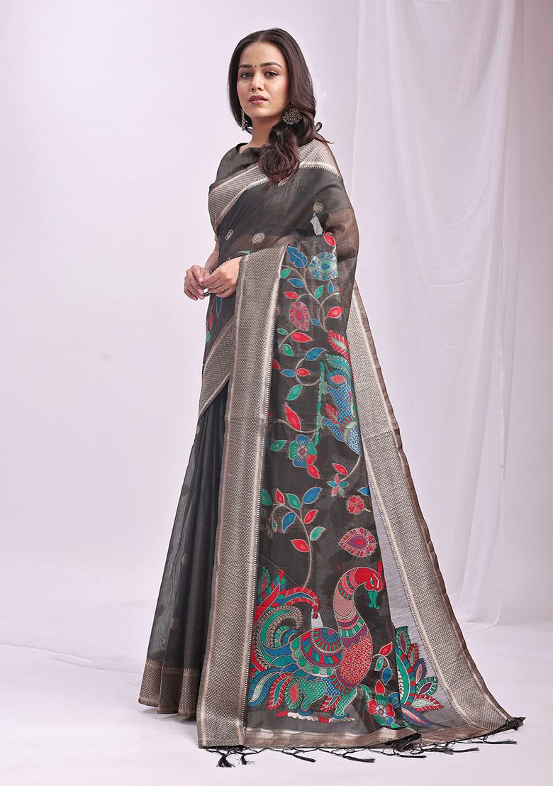 Grey Wevon Linen Cotton Saree Set