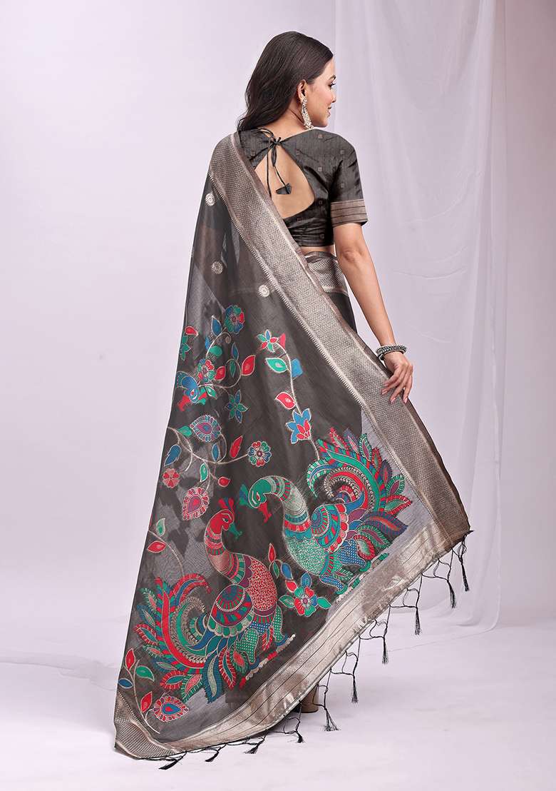 Grey Wevon Linen Cotton Saree Set - Indya