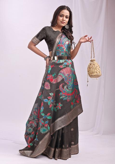 Grey Wevon Linen Cotton Saree Set