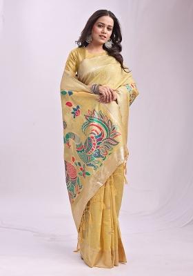 Yellow Wevon Linen Cotton Saree Set