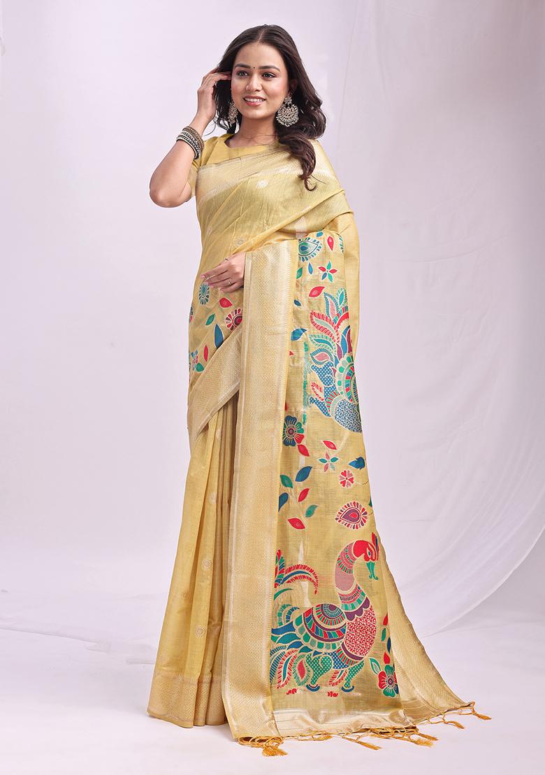 Yellow Wevon Linen Cotton Saree Set