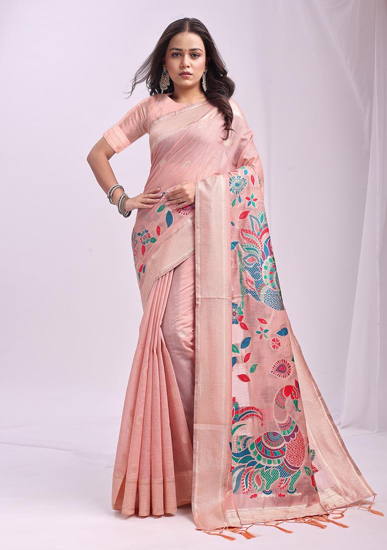 Peach Wevon Linen Cotton Saree Set