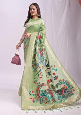 Pista Green Wevon Linen Cotton Saree Set
