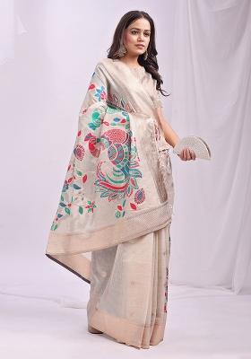 Cream Wevon Linen Cotton Saree Set