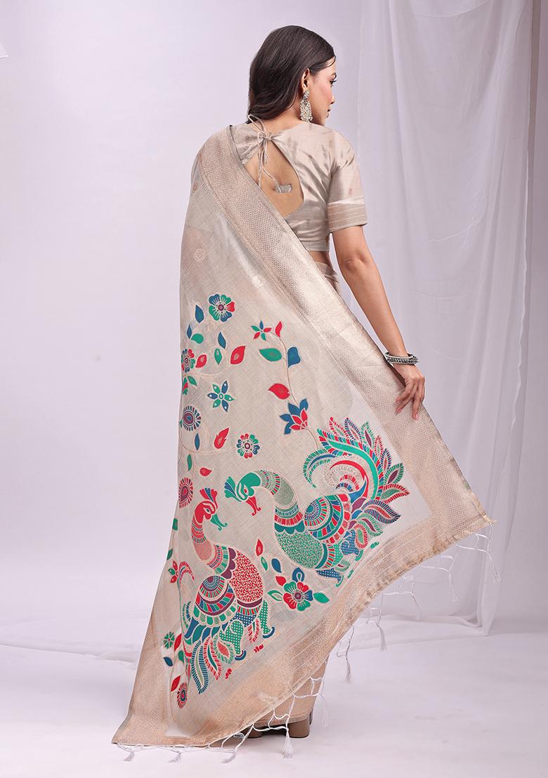 Cream Wevon Linen Cotton Saree Set