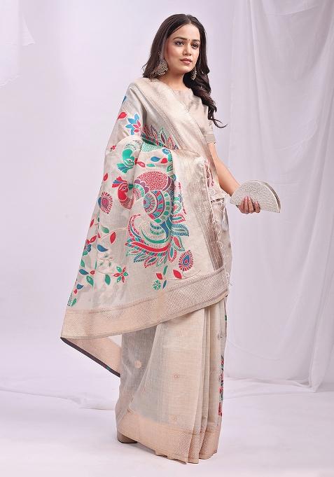 Cream Wevon Linen Cotton Saree Set
