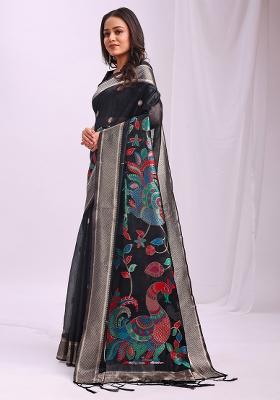 Black Wevon Linen Cotton Saree Set