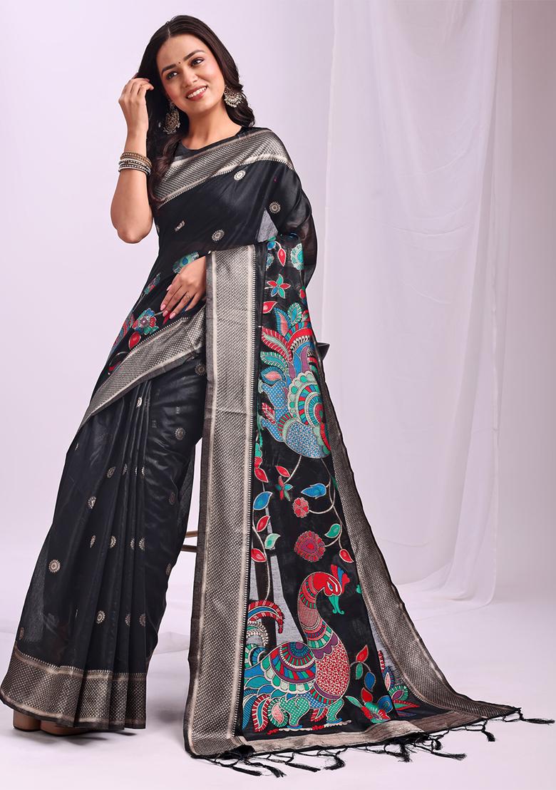 Black Wevon Linen Cotton Saree Set