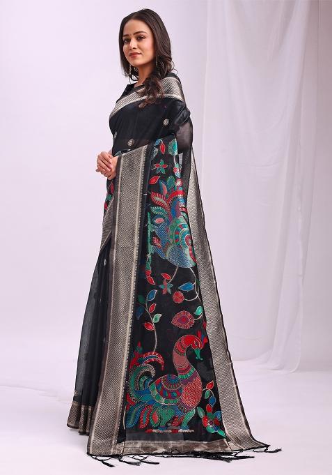 Black Wevon Linen Cotton Saree Set