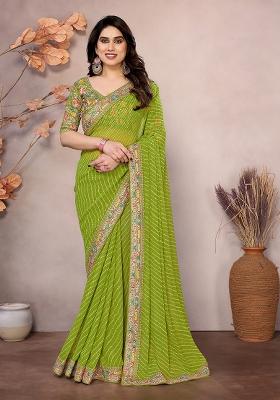Parrot Green Printed Georgette Saree Set