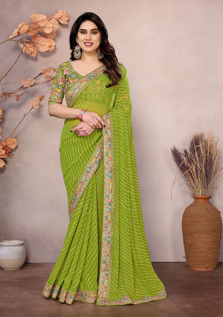 Parrot Green Printed Georgette Saree Set - Indya