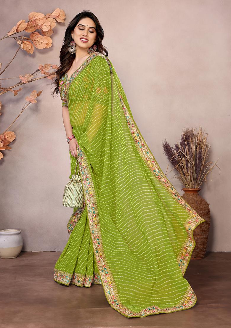 Parrot Green Printed Georgette Saree Set