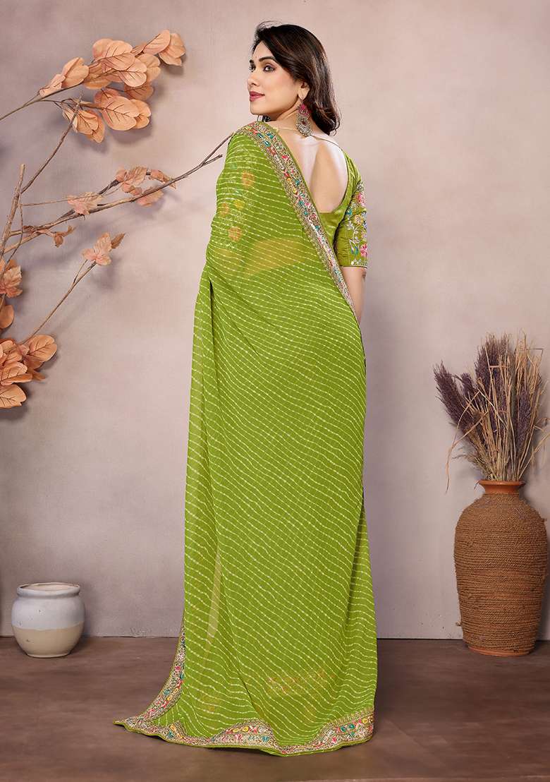 Parrot Green Printed Georgette Saree Set - Indya