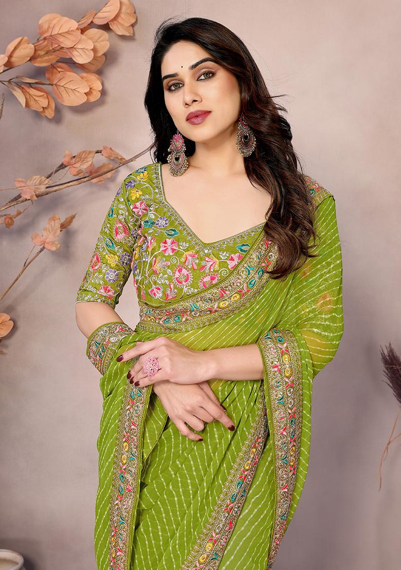 Parrot Green Printed Georgette Saree Set