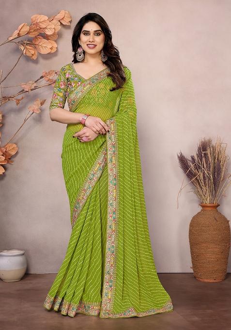 Parrot Green Printed Georgette Saree Set
