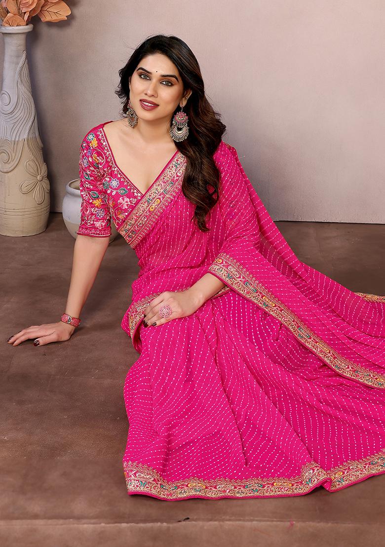 Pink Printed Georgette Saree Set