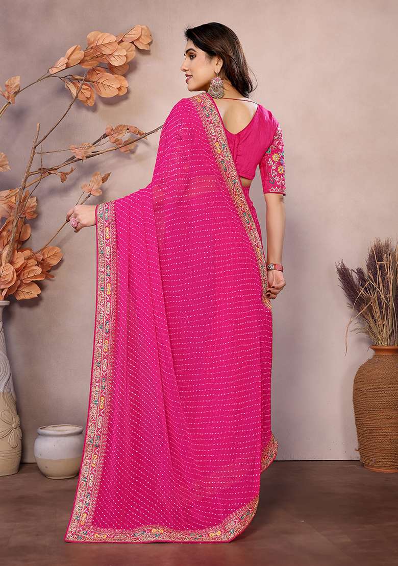 Pink Printed Georgette Saree Set - Indya