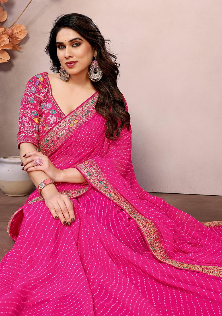 Pink Printed Georgette Saree Set
