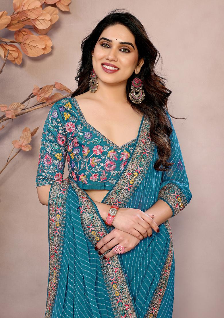Sea Green Printed Georgette Saree Set